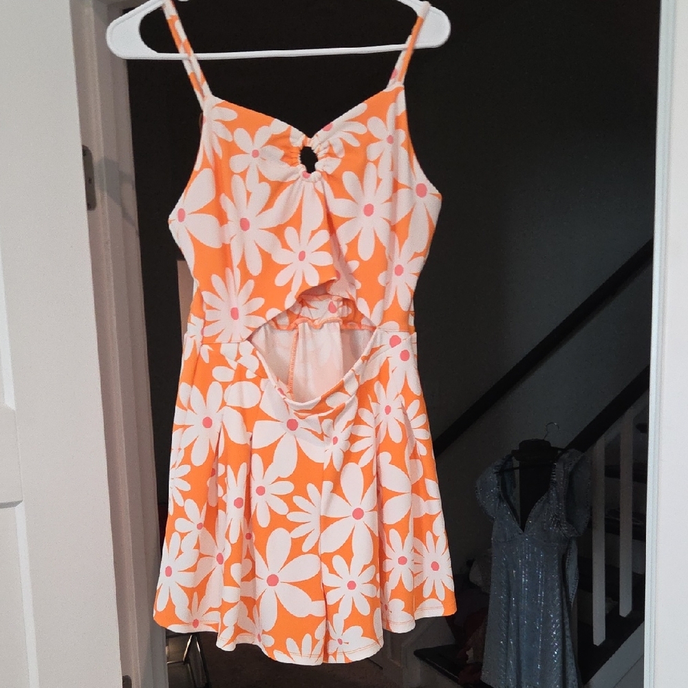 Orange and White Floral Cutout Dress